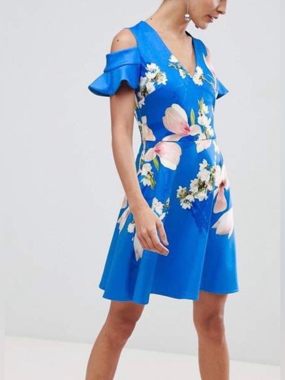 Ted Baker Royal Blue Floral Cold-Shoulder V-Neck Dress